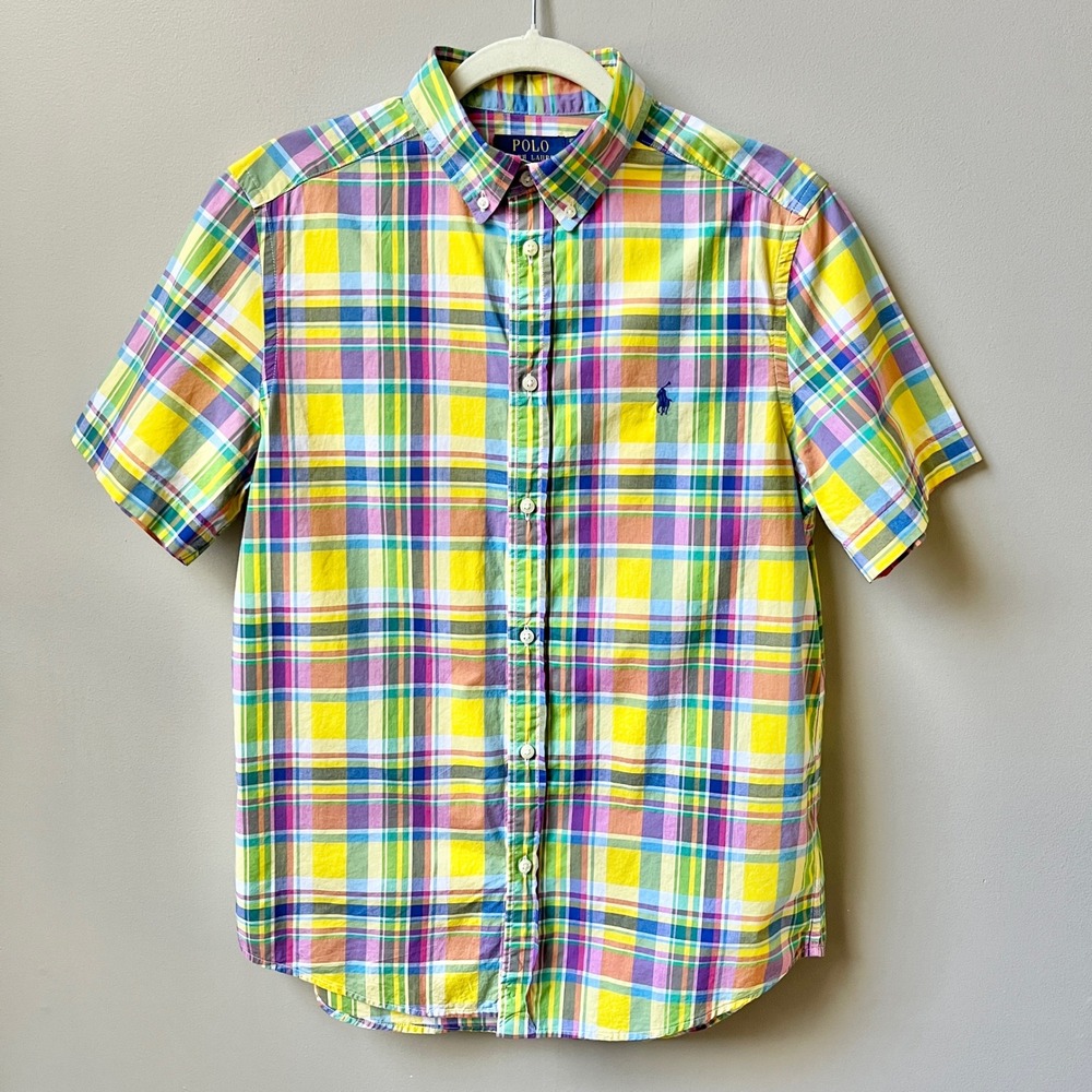 Polo Ralph Lauren Plaid Button Down Shirt Boy's XL Yellow Blue Cotton Preppy Top